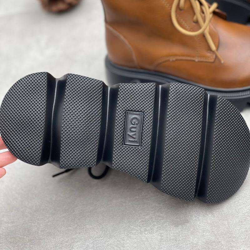 Johnature Botines Retro de Suela Gruesa Punta Redonda Versátiles Cuero Genuino Zapatos de Mujer