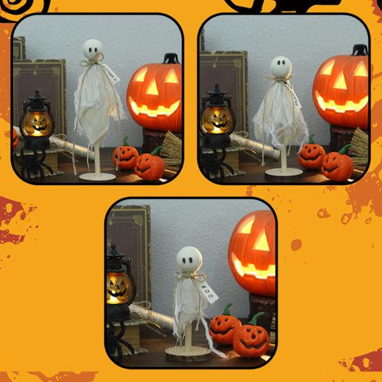 3Pcs Wooden Halloween Ghost Ornaments Rustic Shelf Sitters with Fabric Ghost Figures Farmhouse Tiered Tray Mantel Decorations