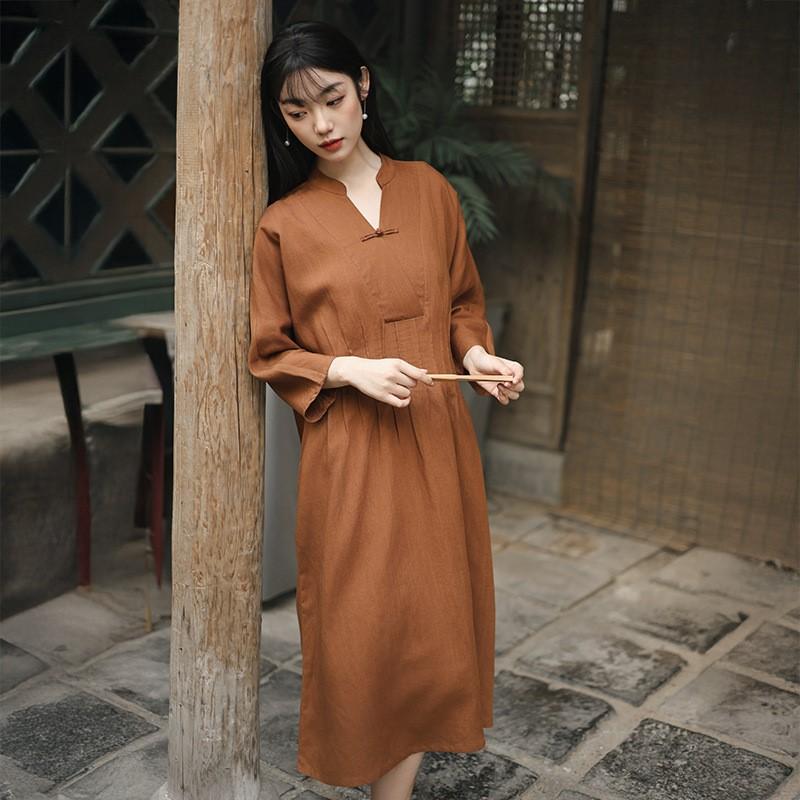 Johnature Women Vintage Dresses Stand Long Sleeve Spring Cloths Solid Color Fold Button A-Line Dresses