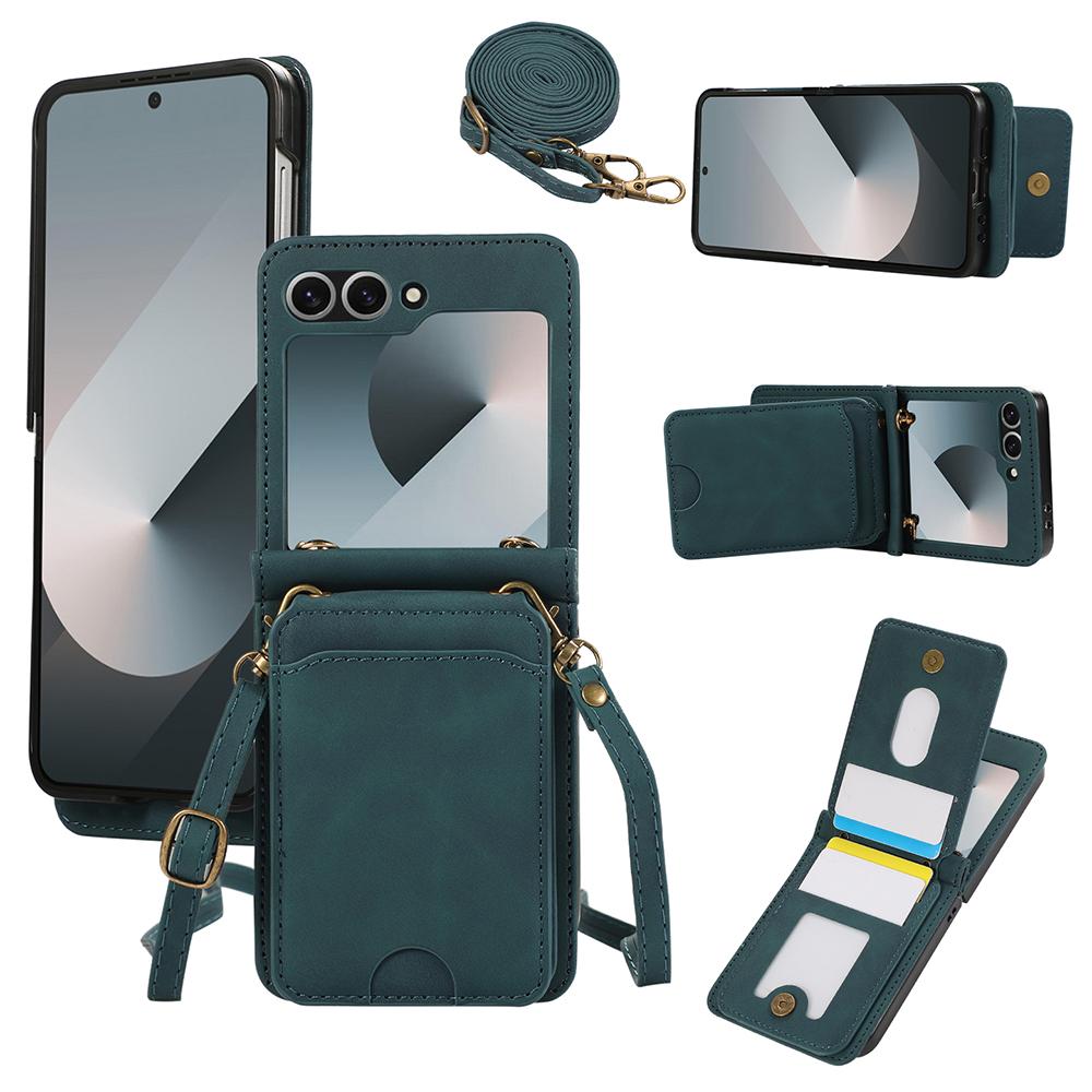 

For Samsung Galaxy Z Flip7 FE 5G/Z Flip6 5G Case Card Holder Kickstand Leather+TPU Phone Cover with Shoulder Strap Green