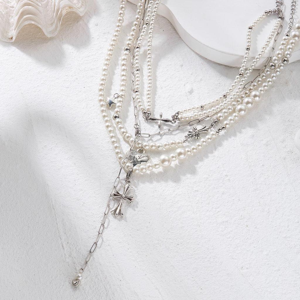Cross Heart Faux Pearl Multi-layer Necklace - Y2K Style