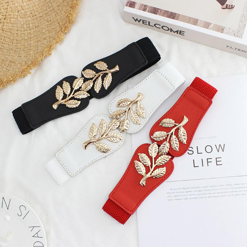 Women'S Elastic Slimming Belt  Retro Metal Leaf Leather Waist Sealing