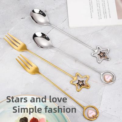 1PC Stainless Steel Coffee Spoon Long Handle Mixing Fork Love Heart Star Pendant Mixing Spoon Fruit Fork Kitchen Tableware