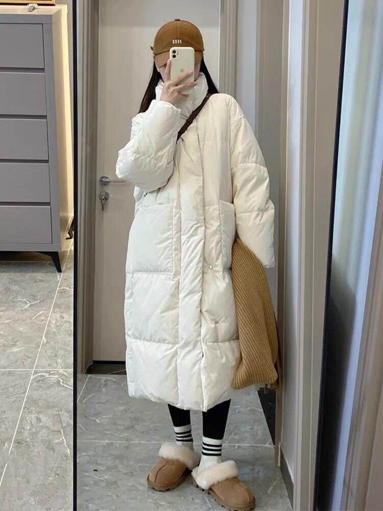 2025 Women's Korean Style Mid-Length Down Jacket - Thickened Stand-Up Collar White Duck Down Winter Coat