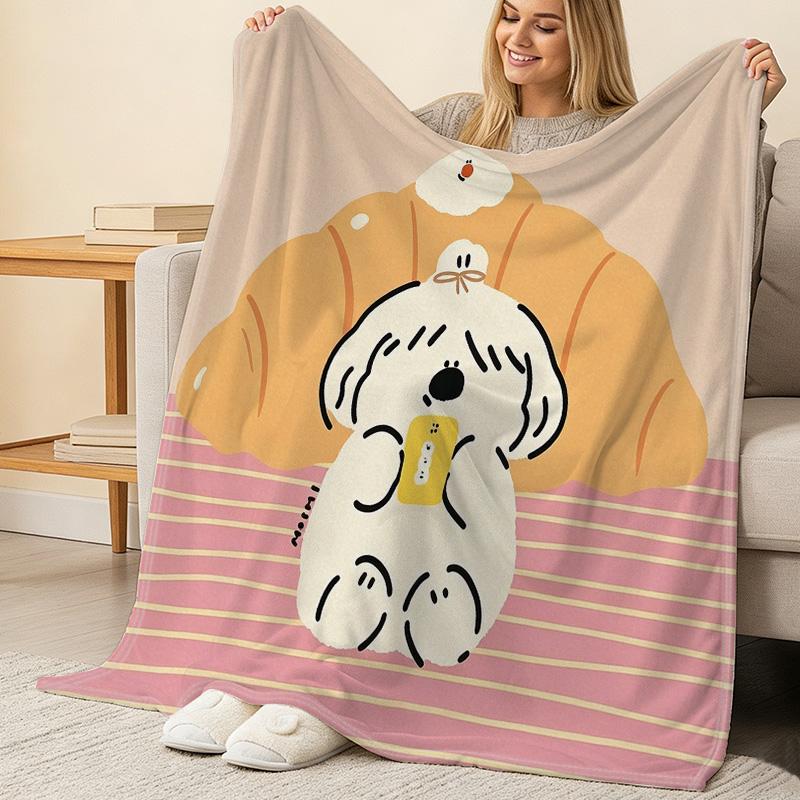 Soft Flannel Blanket - Cartoon Dog Design, No Pilling, Warm Comfort, Ideal for Postpartum/Nursing, Home Decor, All Seasons, Halloween & Christmas