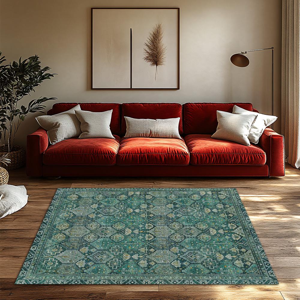 Green Bohemian Area Rug, Floral Pattern Non-Slip Carpet, Cozy Living Room Mat for Natural Home Decor