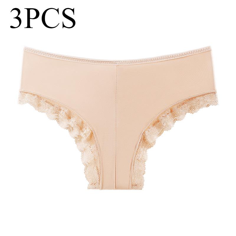 

3 шт./лот бесшовное женское нижнее белье из ледяного шелка с низкой талией и ажурными кружевными краями женское треугольное нижнее белье с дышащей хлопковой промежностью XL