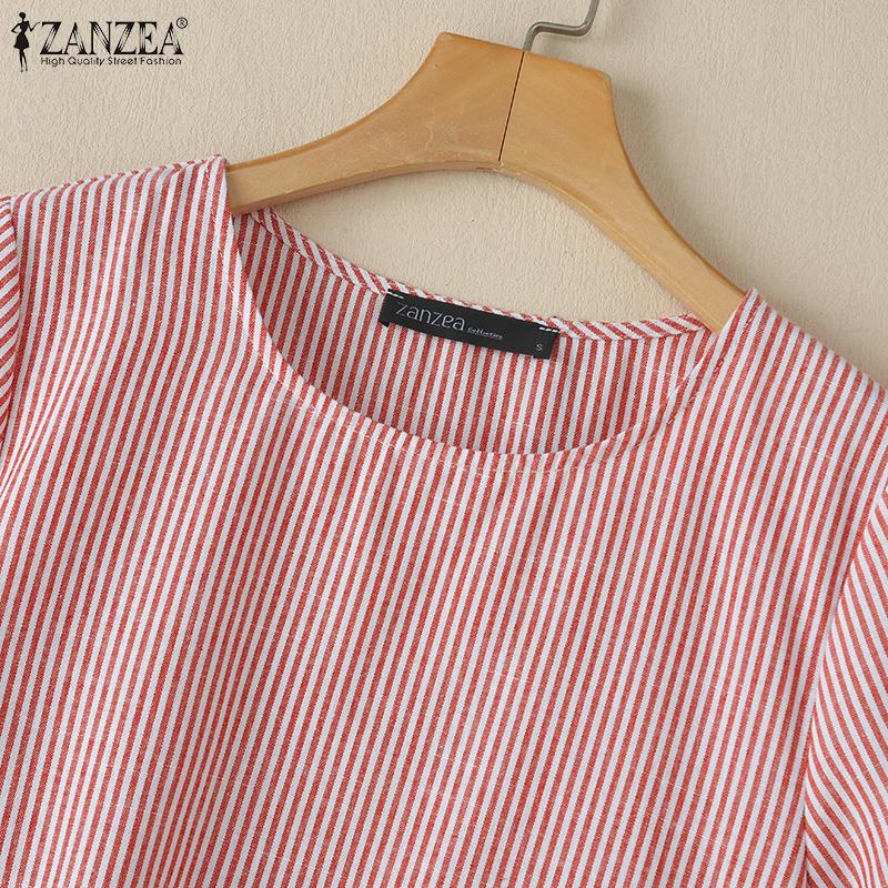 ZANZEA Women Casual Round Neck Short Sleeve Stripe Summer Dress