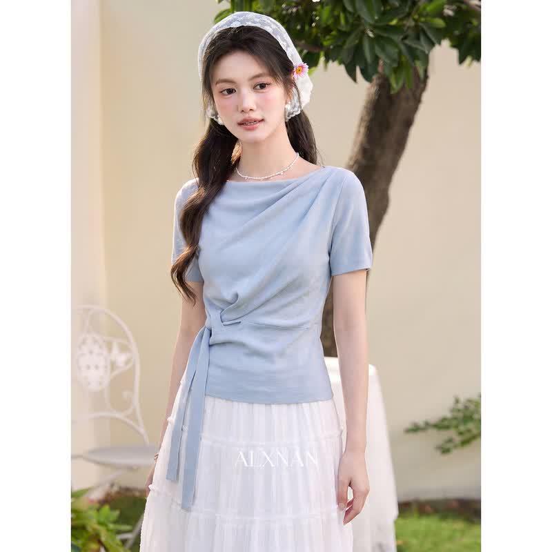 Lu Xiangnan Women s Elegant Blue Knit Tee M