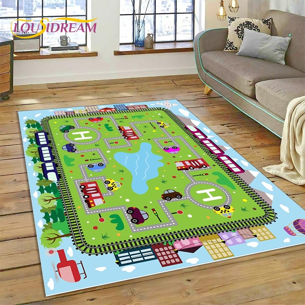 3D Autobahn Laufsteg Spielzimmer Stadtverkehr Straßenkarte Kinderspielmatte Teppich für Wohnzimmer Schlafzimmer Heimdekor, Rutschfest für Sofa