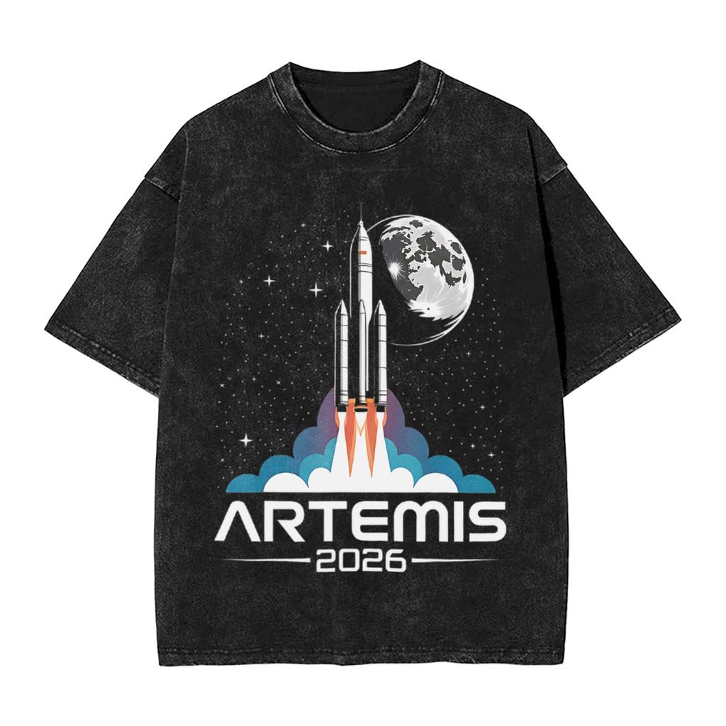 Artemis Launch to The Moon T Shirt Hip Hop Washed 100% Cotton Oversize T-Shirts for Men Women Tops Streetwear Printed Tee Shirt