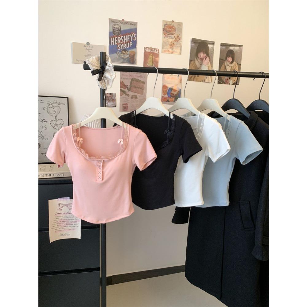 Neckholder-Spitzenbesatz, Schleife, süßes schwarzes Y2K-T-Shirt für Damen mit Knopfleiste, schmale Kurzarm-T-Shirts in Weiß, süße Balletcore-Kleidung