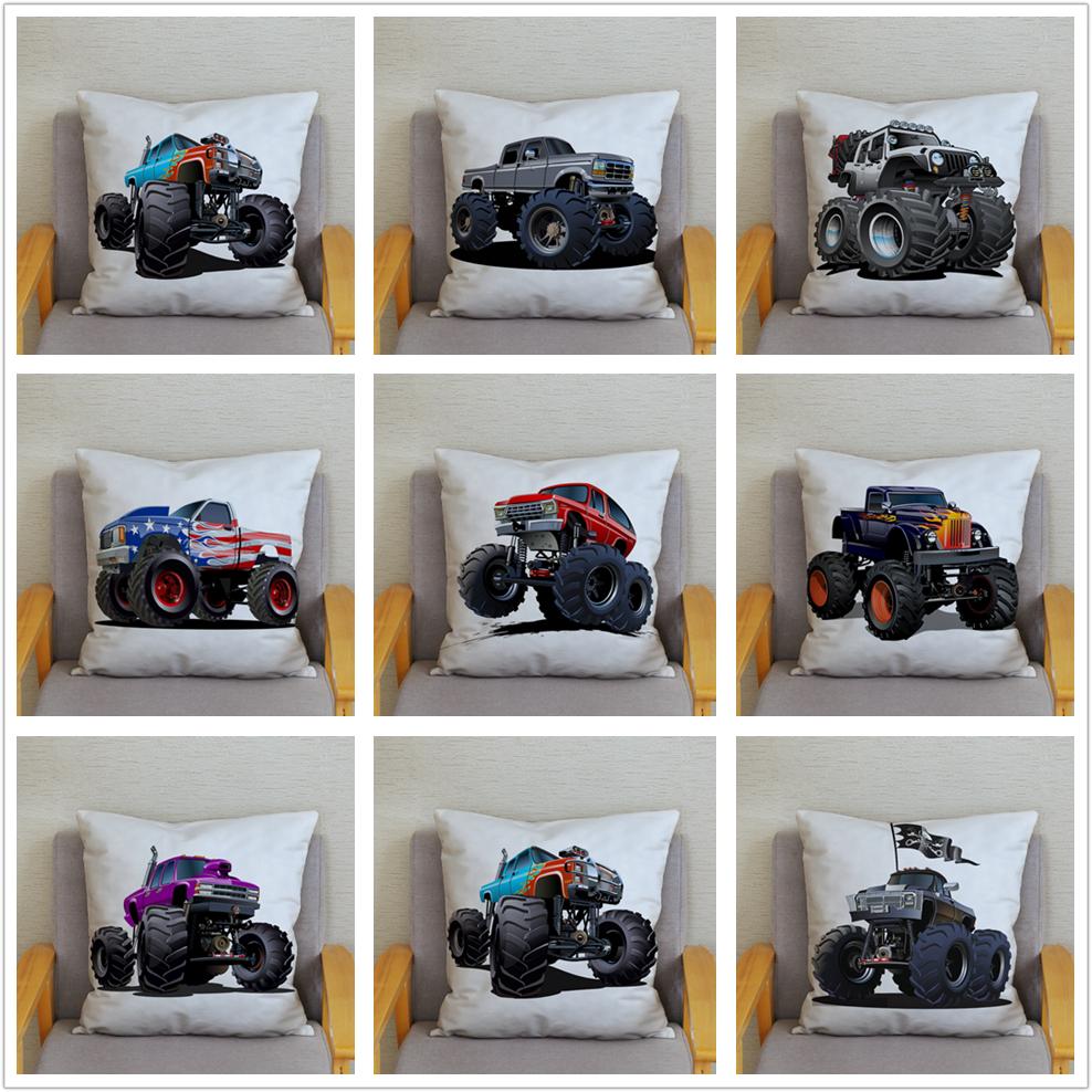 Cartoon Monster Truck Print Cushion Cover Pillow 45X45 Square Sofa Home Decoration Throw