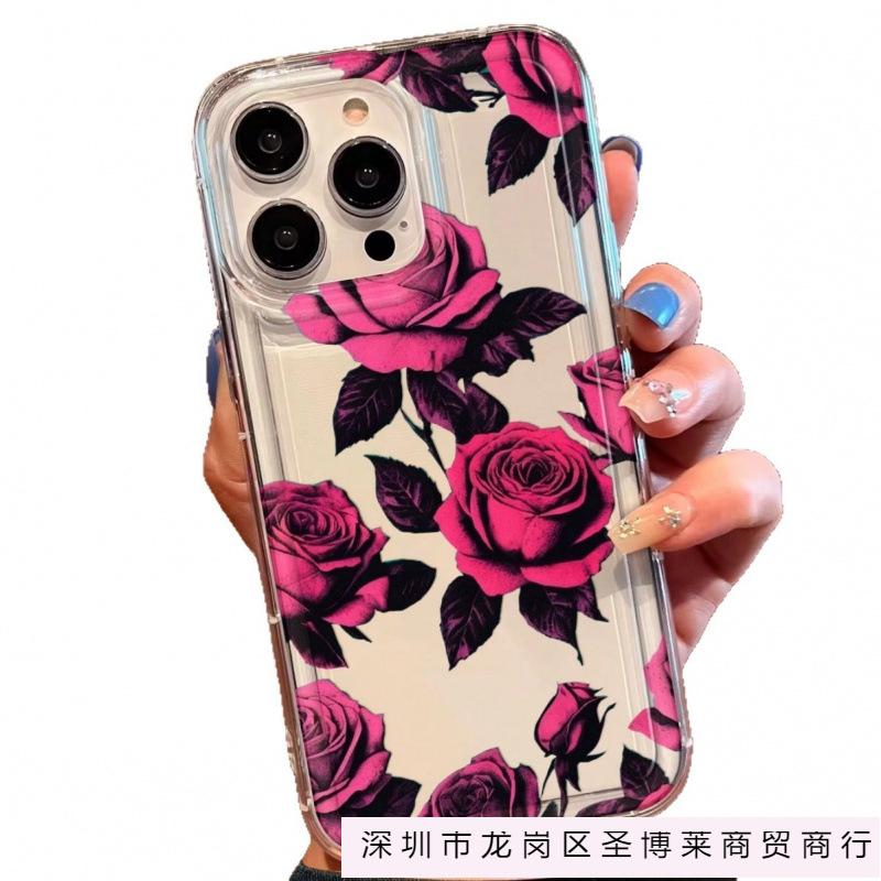 Rose red roses are suitable for Apple 16pro mobile phone case 15pro transparent 1413 airbag 12 trend 11 explosion