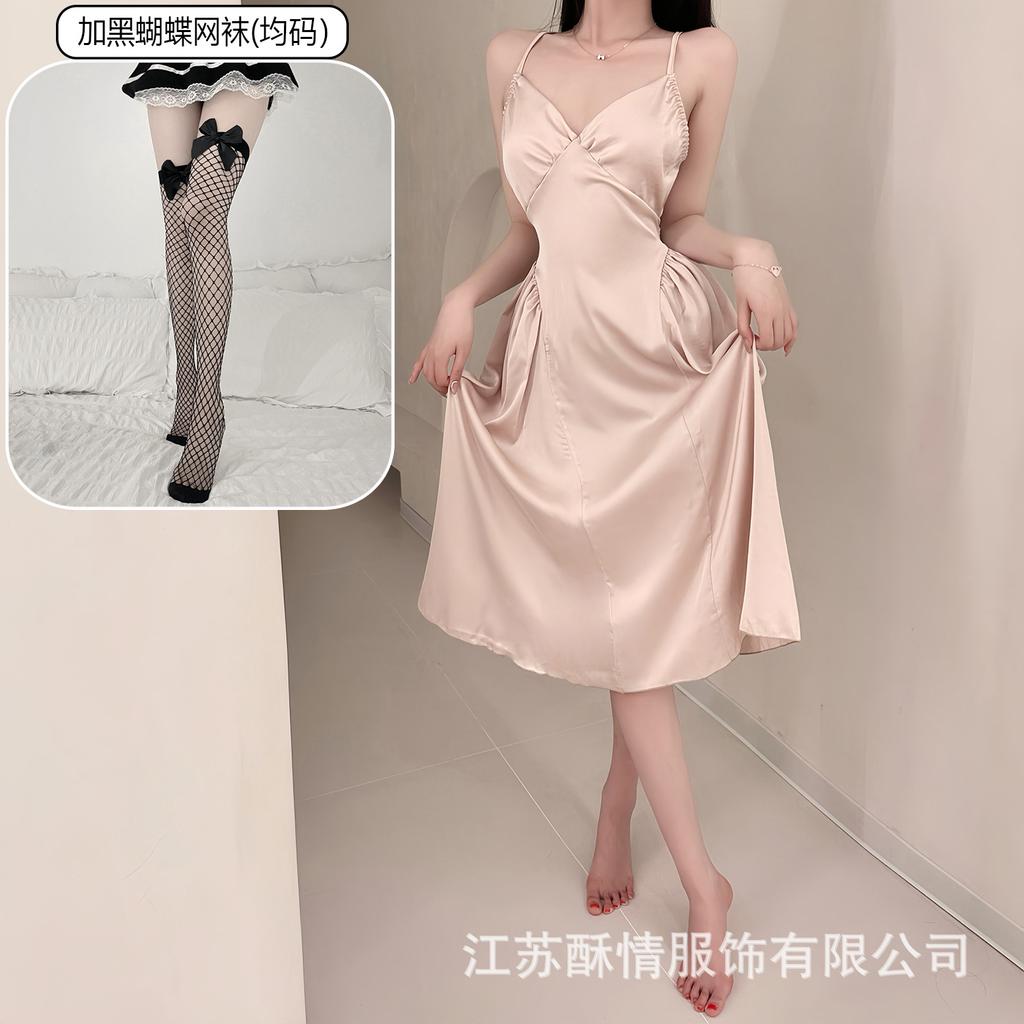 Crispy sexy suspender long hollow backless strap solid color low neck temptation casual nightdress home set