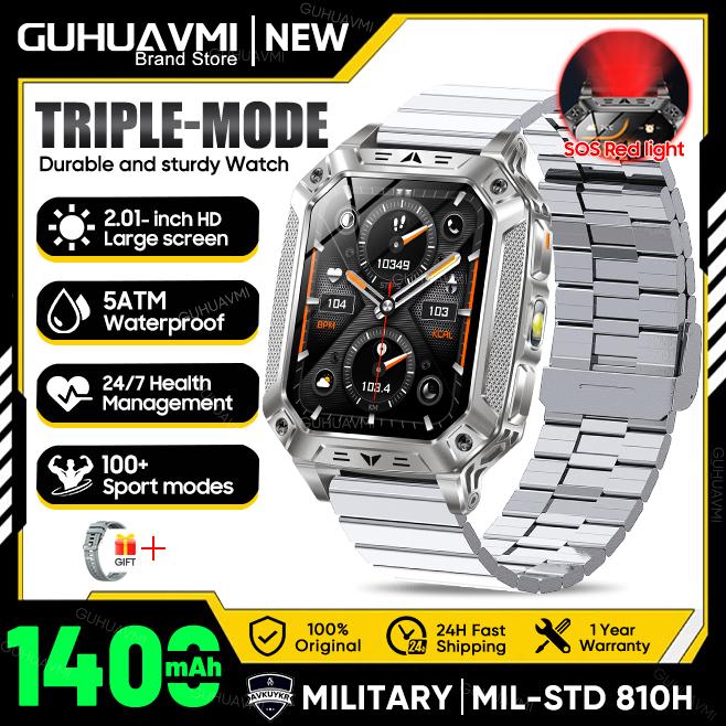 New Outdoors Durable Military Men Smart Watch 1400mAh battery 5ATM Swim LED flashlight+SOS Red Light Sports Call Smartwatch