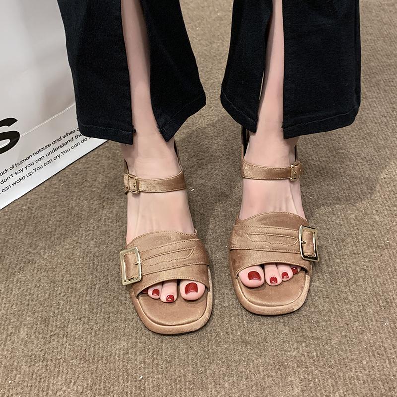 

Мода 2025 Бренд Женская обувь Открытый носок Женские сандалии Модная пряжка-ремень Повседневные Бестселлер Летние Удобные Римские каблуки Женские 40 коричневый