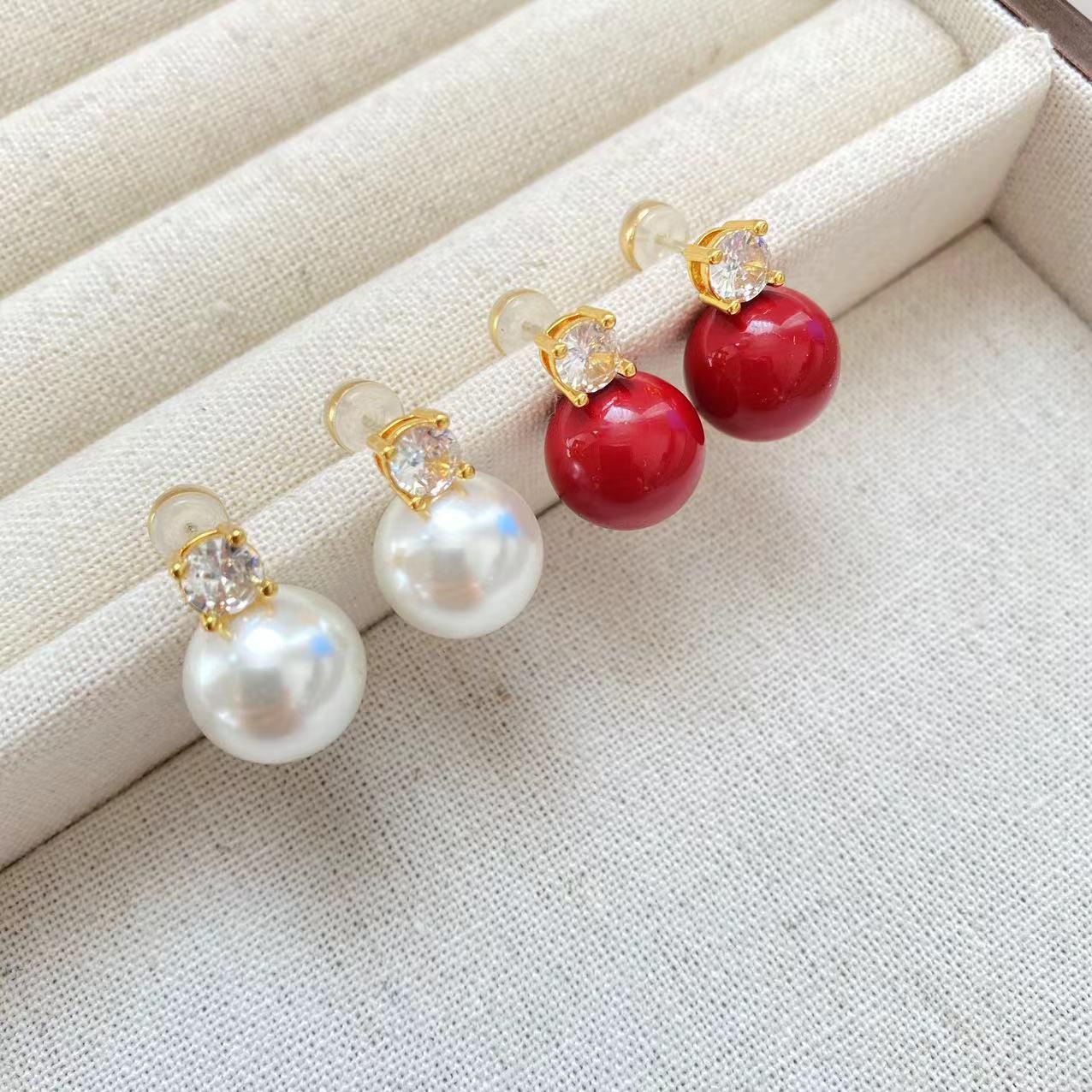 

18K Gold Red & White Pearl Earrings with Sparkling Diamonds - Chinese Minority Design