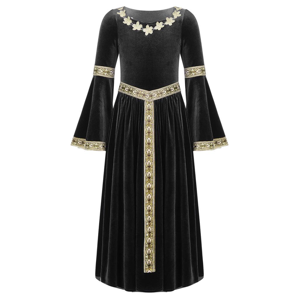 Girls Medieval Princess Velvet Dress Long Flare Sleeve Retro Patterned Band Dress Up Costume Royal Party Gown
