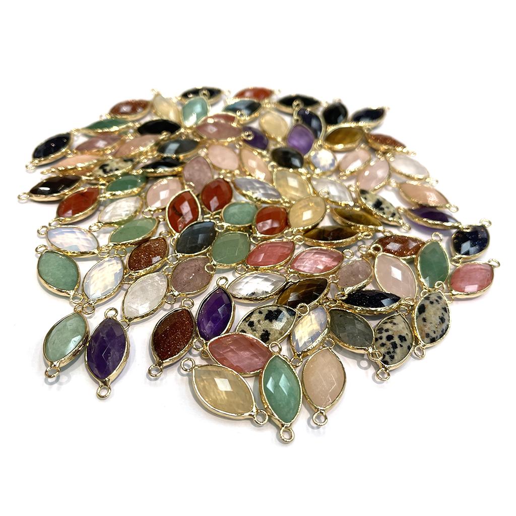 5Pcs, Natural Stone Marquise Faceted Connector Charms 11×25mm, Golden Plated Edge Pendants for DIY Necklace Bracelet Jewelry Making