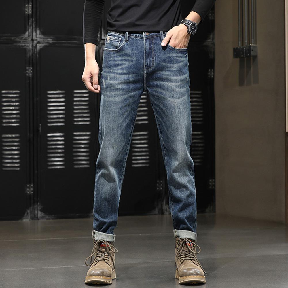 European version jeans men's slim-fitting straight pants stretch denim casual men's pants retro trend men's commuter long pants