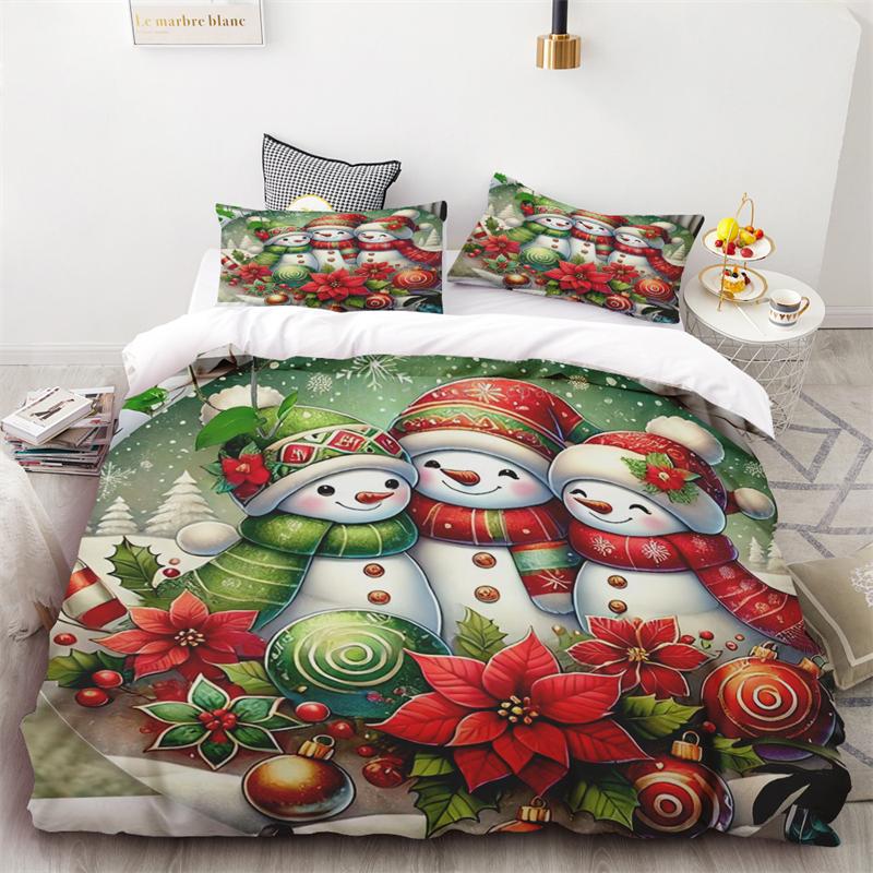 New Style Duvet Cover Christmas Snowman Flower Three-piece Set One Quilt Cover Two Pillowcases Single Double Bed Queen King