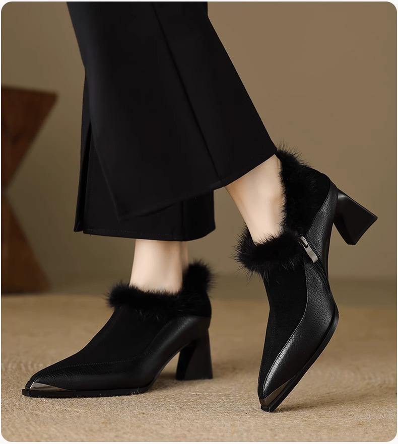 2025 Herbst und Winter neue Nerzhaar dicker Absatz weiche Oberfläche Samt tiefer Ausschnitt Einzelne Schuhe spitzer hoher Absatz vielseitig warm Damen Stiefeletten