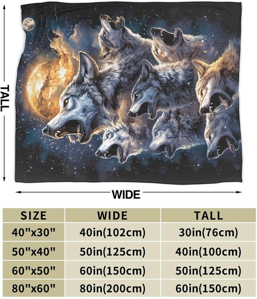 Howling Wolves Moon Night Sky Blanket Artistic Wildlife Print Soft Fleece Throw Home Decor Gift for Nature Lovers