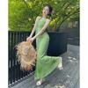French polka dot streamer neck dress women's summer temperament green skirt waist hip skirt vacation dress