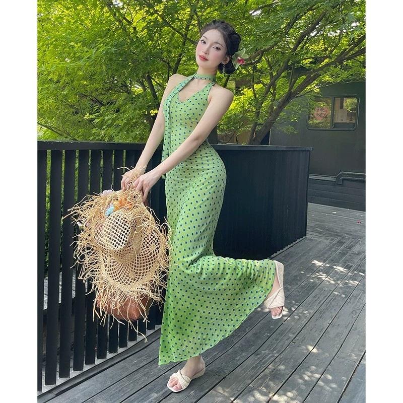 French polka dot streamer neck dress women's summer temperament green skirt waist hip skirt vacation dress