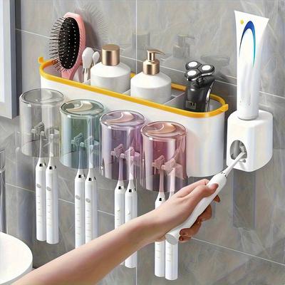 [Sem Perfuração] Conjunto de Porta-Escovas de Dentes Montado na Parede - Sem Perfuração, Economizador de Espaço, Transparente - Organizador de Banheiro para Pasta de Dentes e Escovas