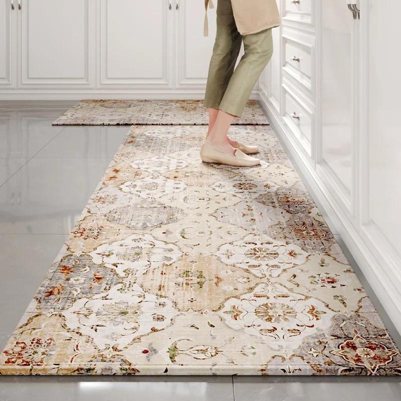 Bamboo Cotton Retro Kitchen Floor Mat Absorbs Water and Oil and Scrubbing Long Kitchen Rug Wear-resistant Non-slip Door Mat