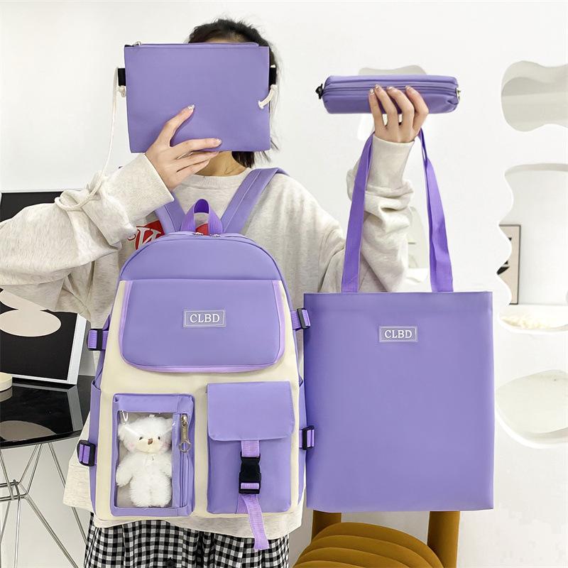 Four-piece Student Schoolbag Korean Version, Lightweight Tutoring Backpack, Fresh, Sweet, Simple and Large-capacity Canvas Bag