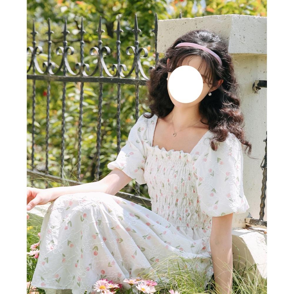 Bubble sleeve dress girls summer new middle school high school students sweet floral princess medium and long skirt new