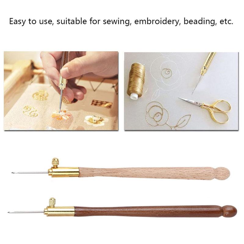 Embroidery Crochet Hooks with 3 Needles Wooden Handle Hook Latch Beaded Needle for Embroidery Sequin Beading Knitting DIY Sewing