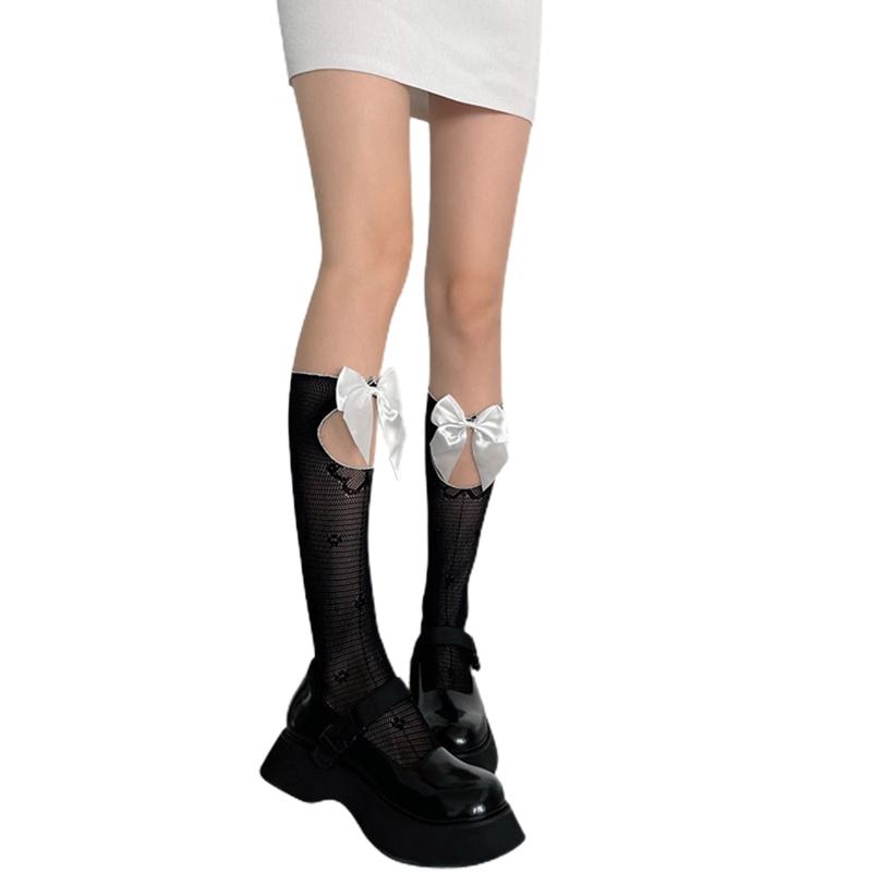 Women Girl Hollow Pile Socks Lolita Lace Calf Socks Stretchable Large Bow Lace Socks Gift for Anniversary Day