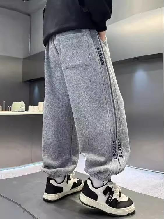 Baumwoll-Jogginghose für Jungen - Grau/Schwarz, Lässige Sportbekleidung für Frühling & Herbst, Größen für mittelgroße & große Kinder