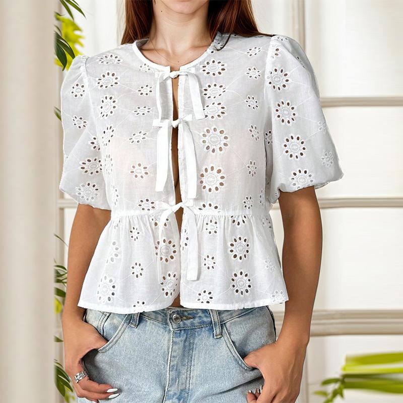 

ZANZEA Womens Lace Up Round Neck Casual Lace Crochet Patchwork Short Sleeve Blouse 2XL