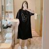 Korean version of loose personality large size Hong Kong style European and American design sensual short sleeves medium and long split T-shirt skirt