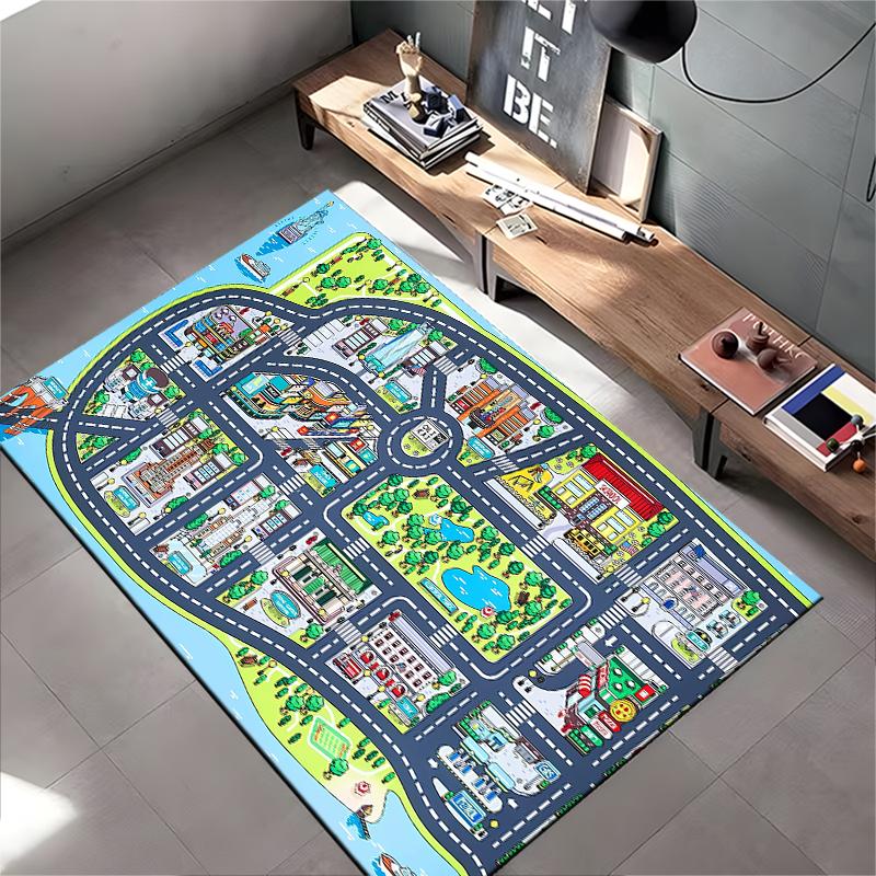 Colorful City Map Rug with Landmarks Non-slip Rug Suitable for Living Room and Bedroom Sofas.
