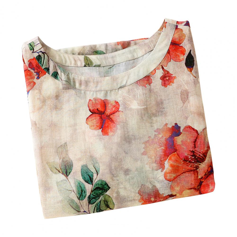 Women Casual Shirt Round Neck 3/4 Sleeves Colorful Flower Printed Blouse Bohemia Style Beach Shirt Streetwear