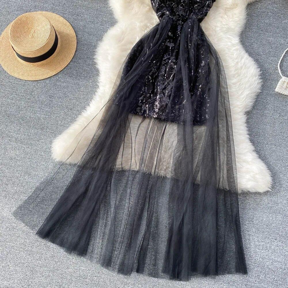 Sexy Sequin Patchwork Mesh Halter Dress Chic Elegant Evening Party Luxury Robe Women High Waist Slim Ceremonial  Dress