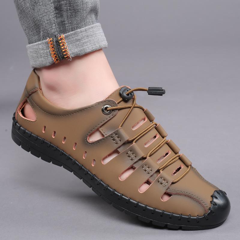 Summer New Men's Sandals Leather Casual Shoes Fashion Versatile Hollow Bag Head Breathable Hole Shoes Men's Shoes Soft