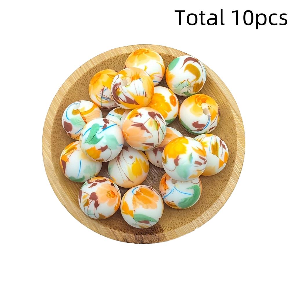10/10pcs 15mm silicone beads with various styles of printed patterns, perfect DIY bead handmade accessories, fashionable jewelry