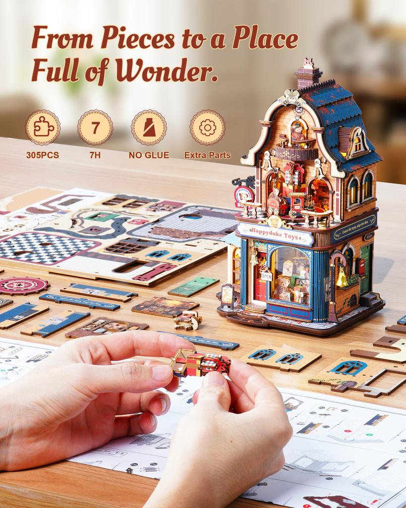 ROKR Holz 3D Puzzle Happyduke Spielzeug Spieluhr Modellbausatz mit LED-Licht für Heimdekoration Mini Puppenhaus DIY Spielzeug Weihnachtsgeschenk für Erwachsene Jugendliche