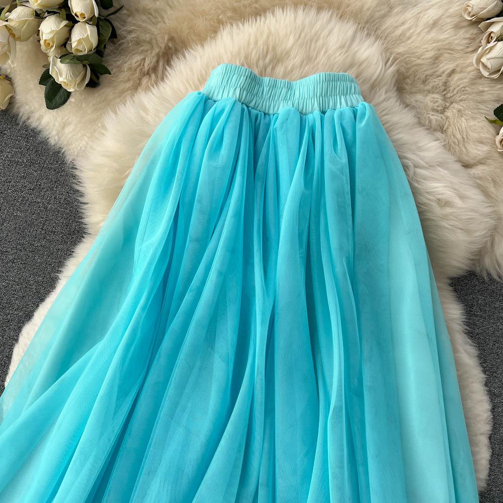 Spring And Summer Pure Color Mesh Pleated Skirt Medium Length Classic Loose And Thin Versatile High Waist Skirt