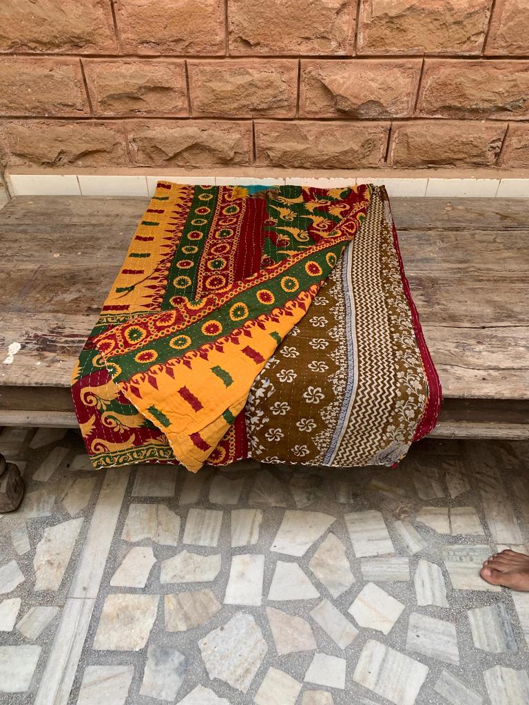 Handmade Kantha Quilt Throw: Vintage Sari Patchwork, Reversible Boho Blanket