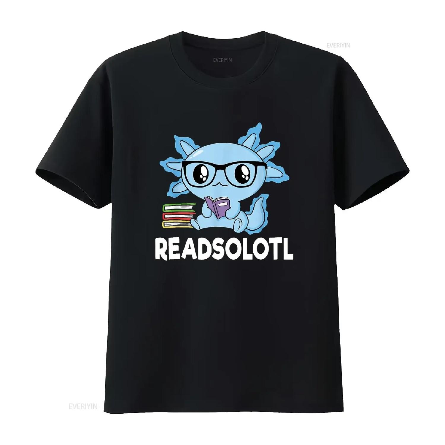 Readsolotl Blue Kawaii Axolotl Book Lover Funny Reading T Shirt vintage Washed fashion Casual Unisex homme graphic Soft S чёрный