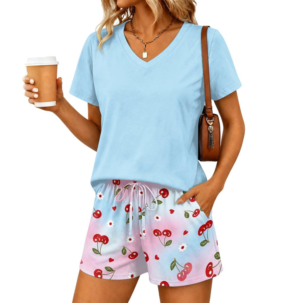 Women Two Piece Set V Neck Short Sleeve Top and Elastic Waist Drawstring Shorts Casual Lounge Wear Summer Pajama Set
