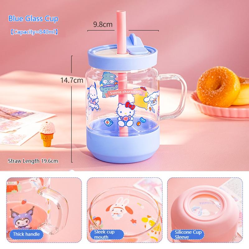 For Sanrio Straw Glass Cup High Borosilicate Glass Coffee Milk Mug Cartoon Juice Oat Cup with Heat-resistant Silicone Cup Sleeve